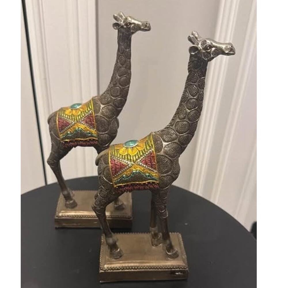 Modern Lightweight Bronze Patina Giraffe Statues Jeweled Saddles Set of 2